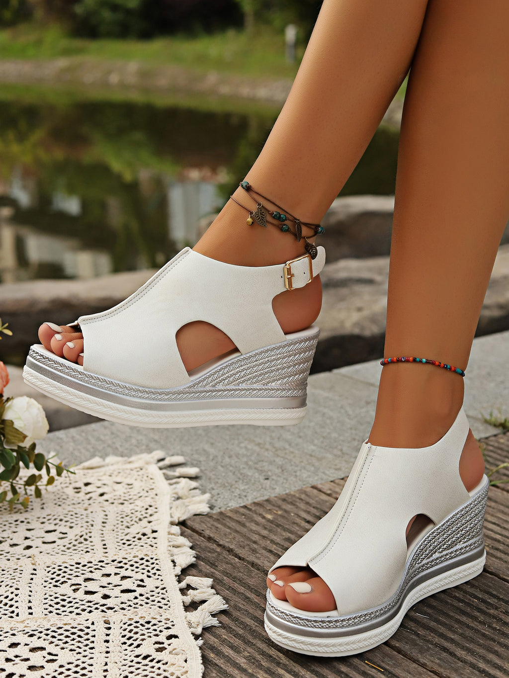 Cutout Peep-Toe Wedge Slingback Sandals