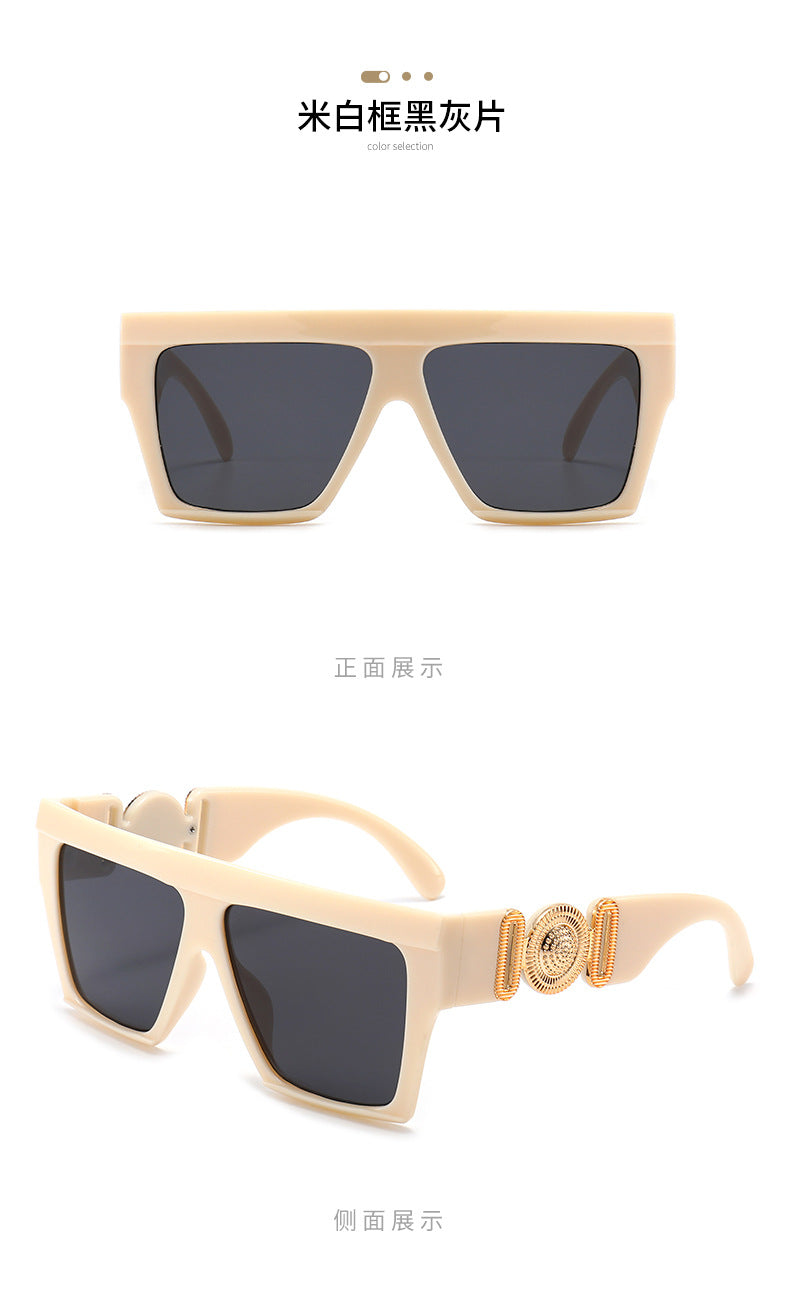 Oversized Square Flat-Top Sunglasses with Gold Medallion Detail