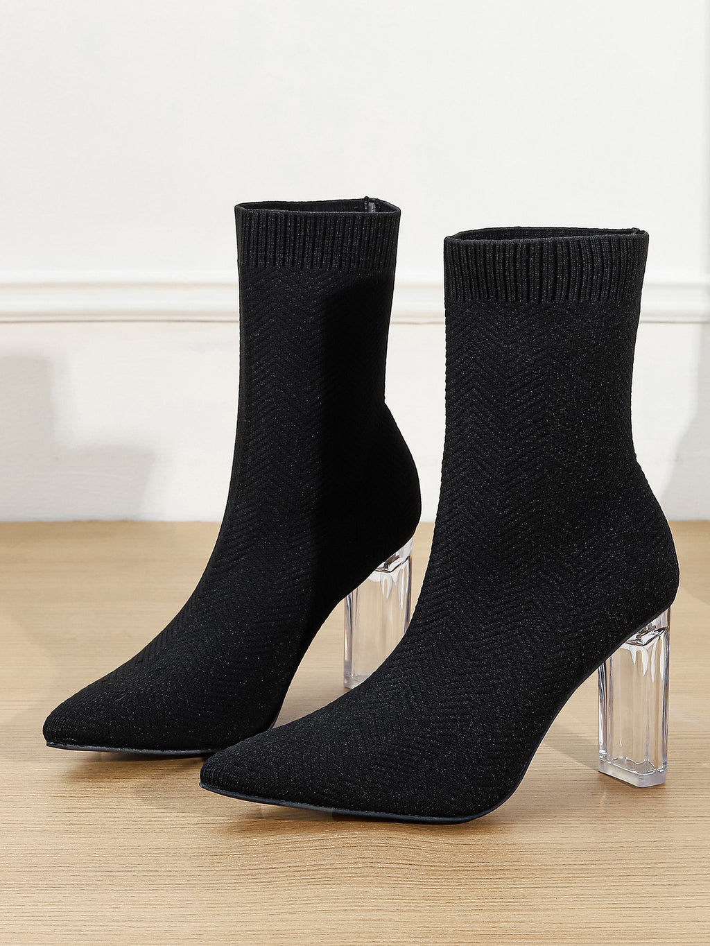 Black Knit Sock Ankle Boots with Clear Block Heel