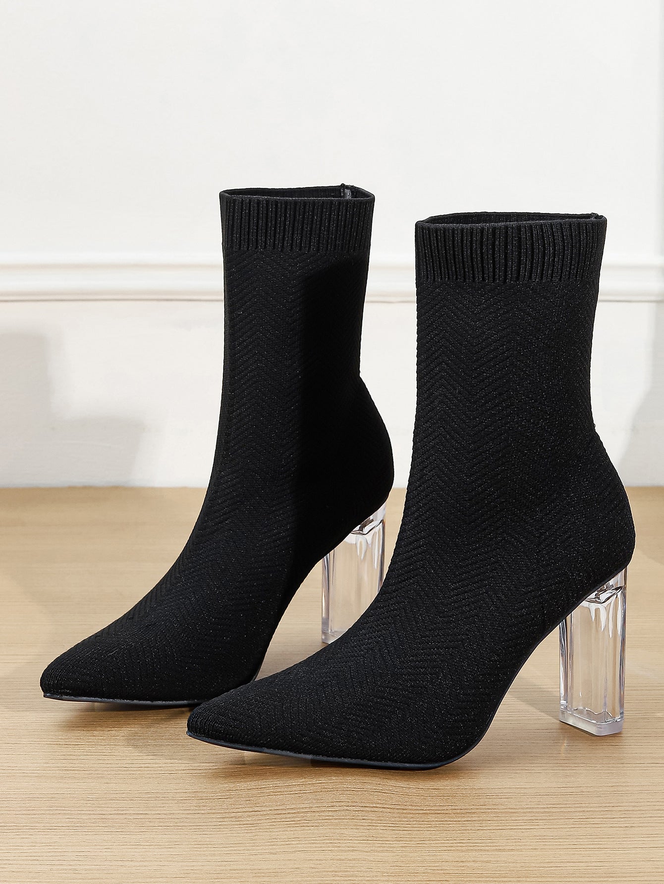 Black Knit Sock Ankle Boots with Clear Block Heel