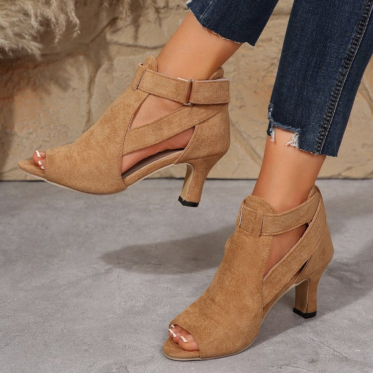 Women's Suede Peep-Toe Buckle Bootie