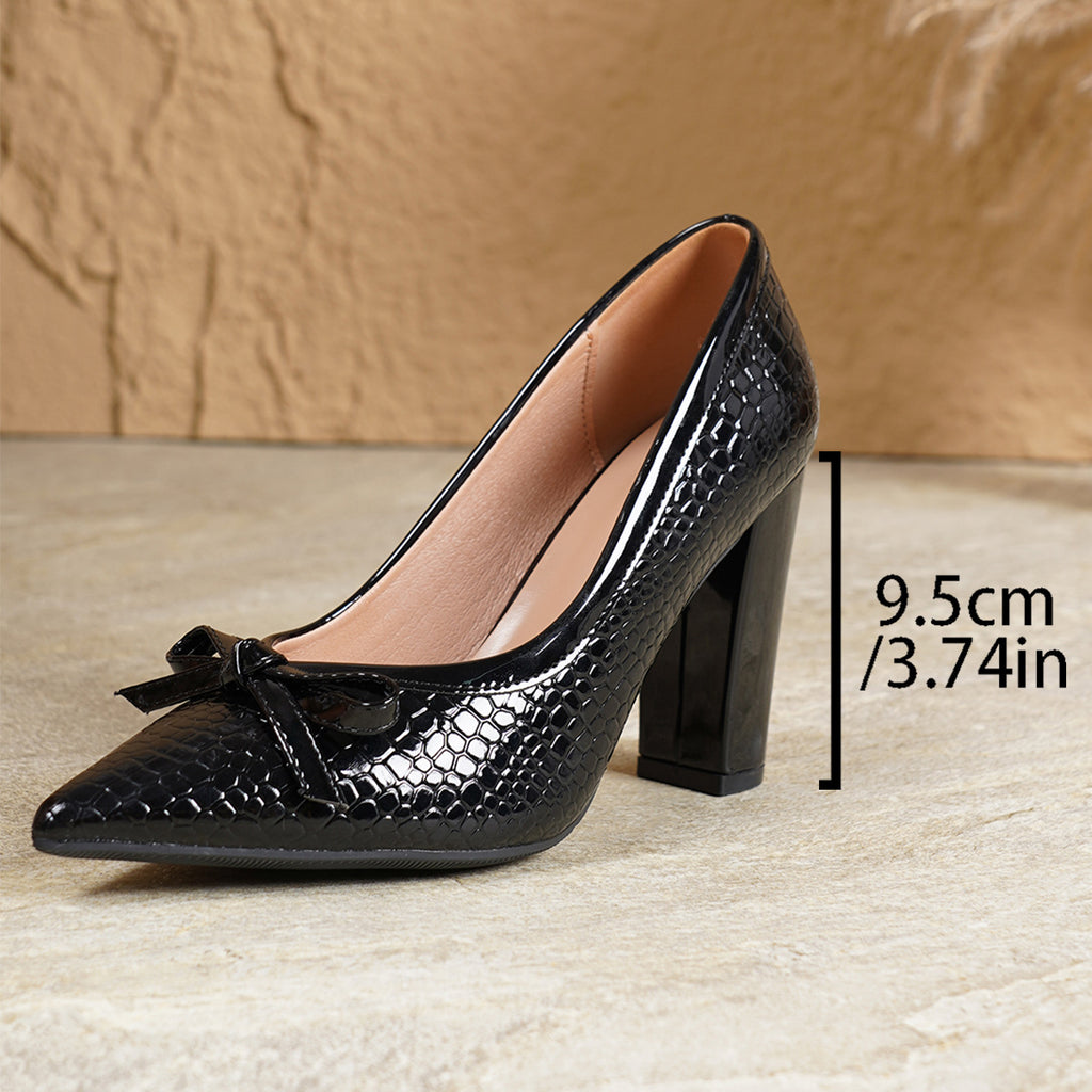 Burgundy Croc-Embossed Block Heel Pumps with Bow