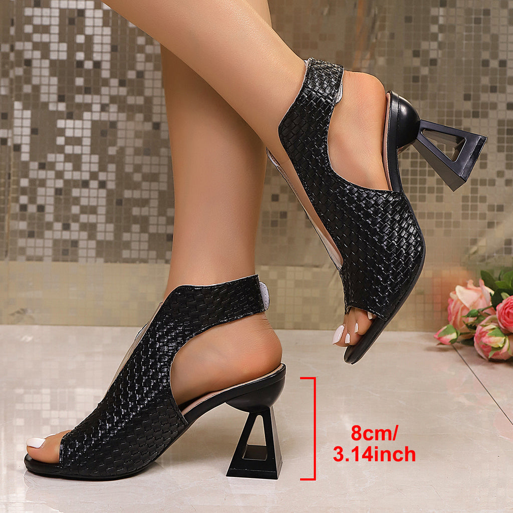 Woven Peep-Toe Block Heel Sandals