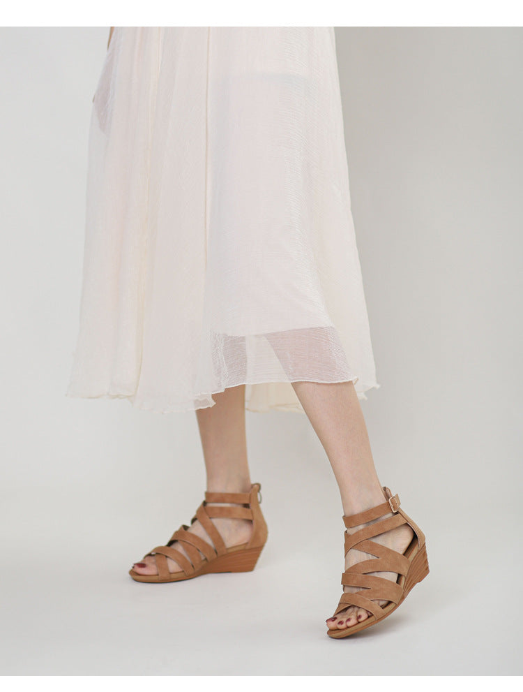 Cross-Strap Suede Wedge Sandal