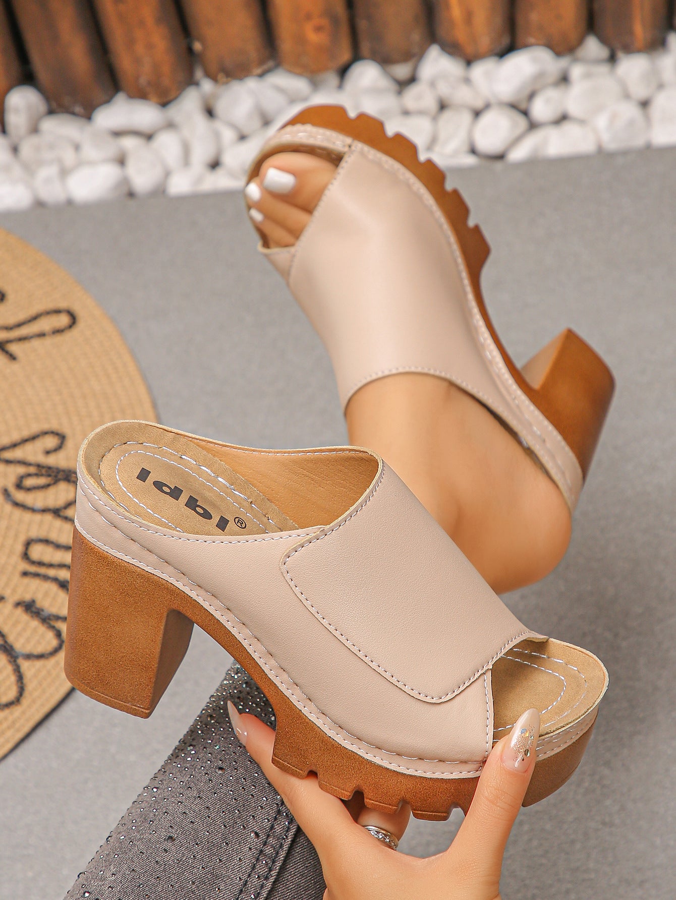 Peep-Toe Platform Mule Sandals with Lug Sole Block Heel