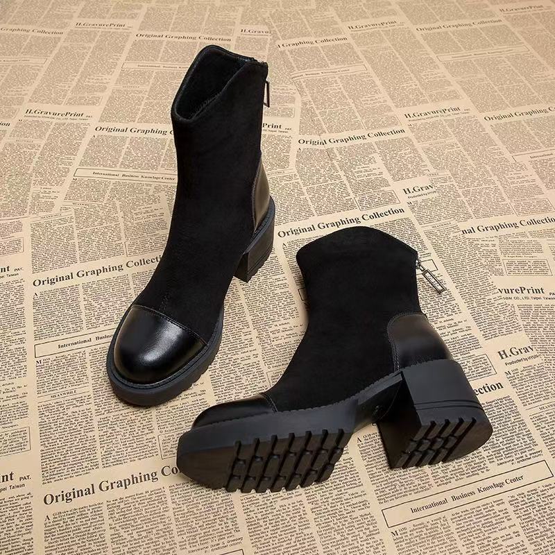 Women's Suede & Leather Mid-Calf Block Heel Boots