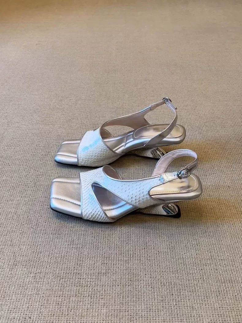 Snake-Embossed Slingback Sandals with Sculptural Heel