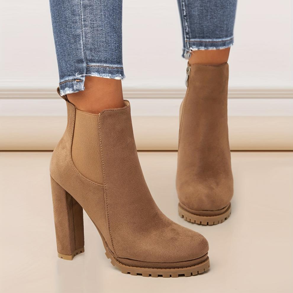 Tan Suede Chelsea Block Heel Ankle Boots with Lug Sole