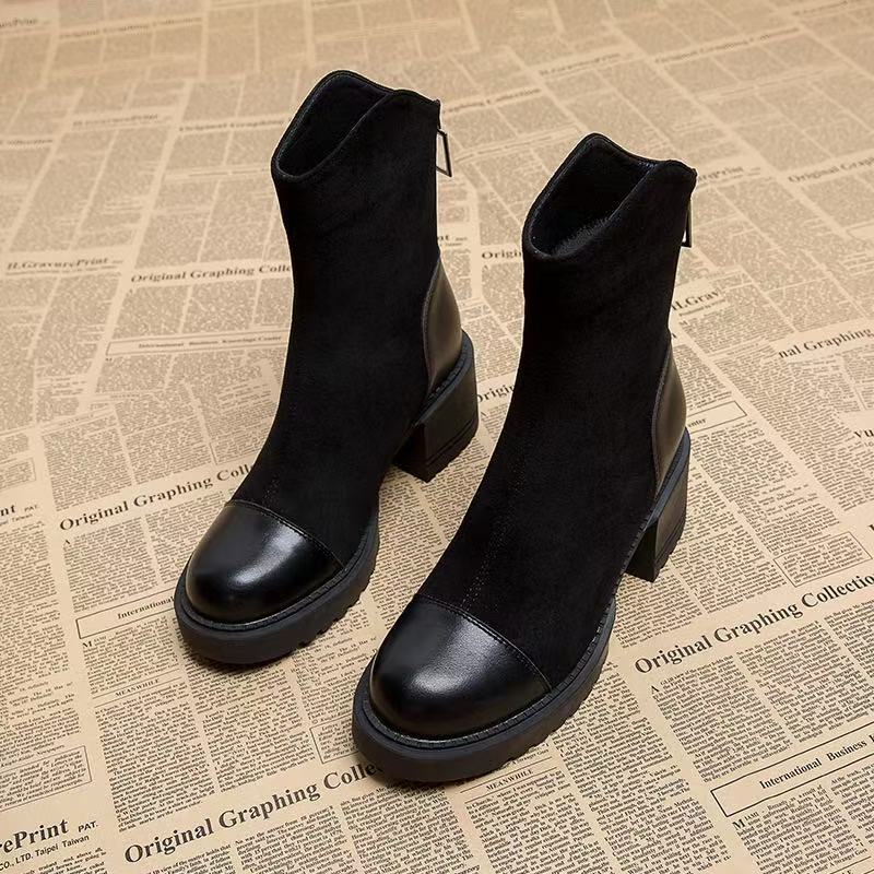 Women's Suede & Leather Mid-Calf Block Heel Boots