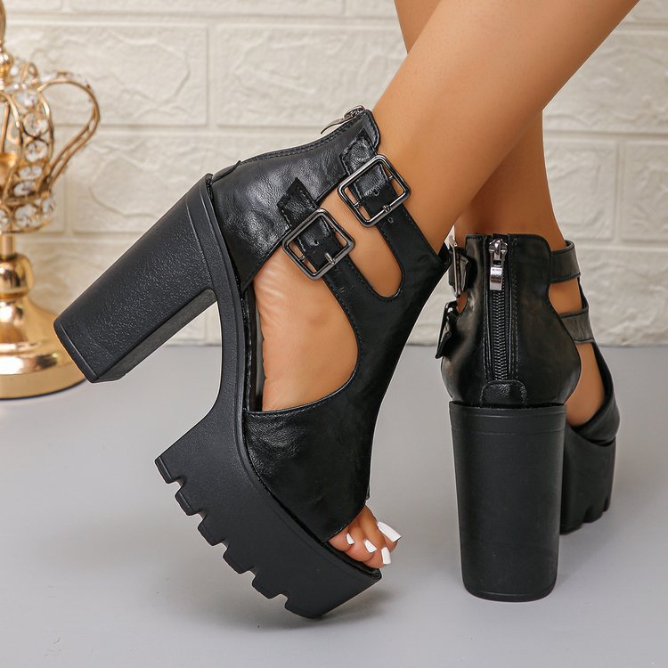 Double Buckle Cutout Lug Sole Platform Sandals