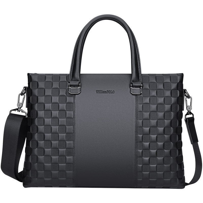 Woven-Embossed Leather Briefcase with Detachable Shoulder Strap