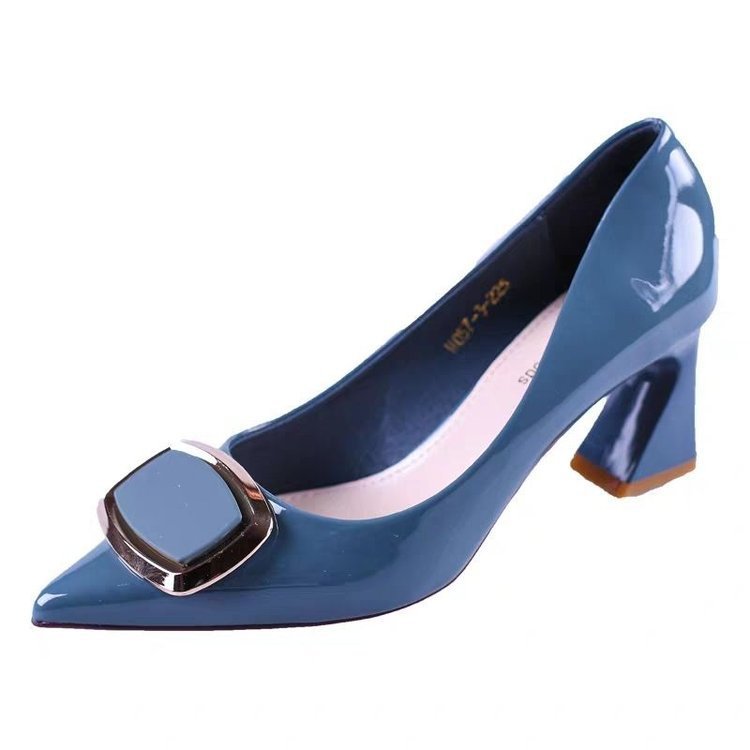Gemstone Buckle Patent Block Heel Pumps