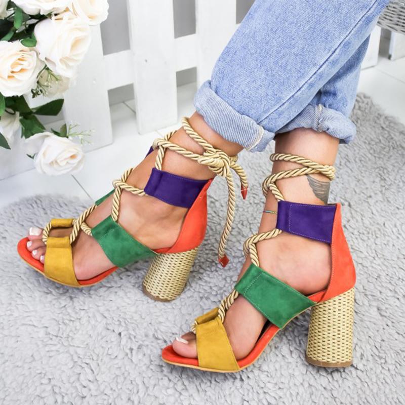 Rope Lace-Up Block Heel Sandals