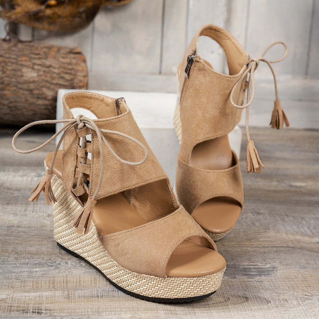 Suede Tassel Lace-Up Wedge Sandals