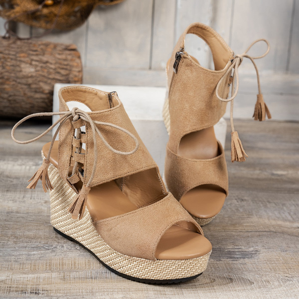 Suede Tassel Lace-Up Wedge Sandals