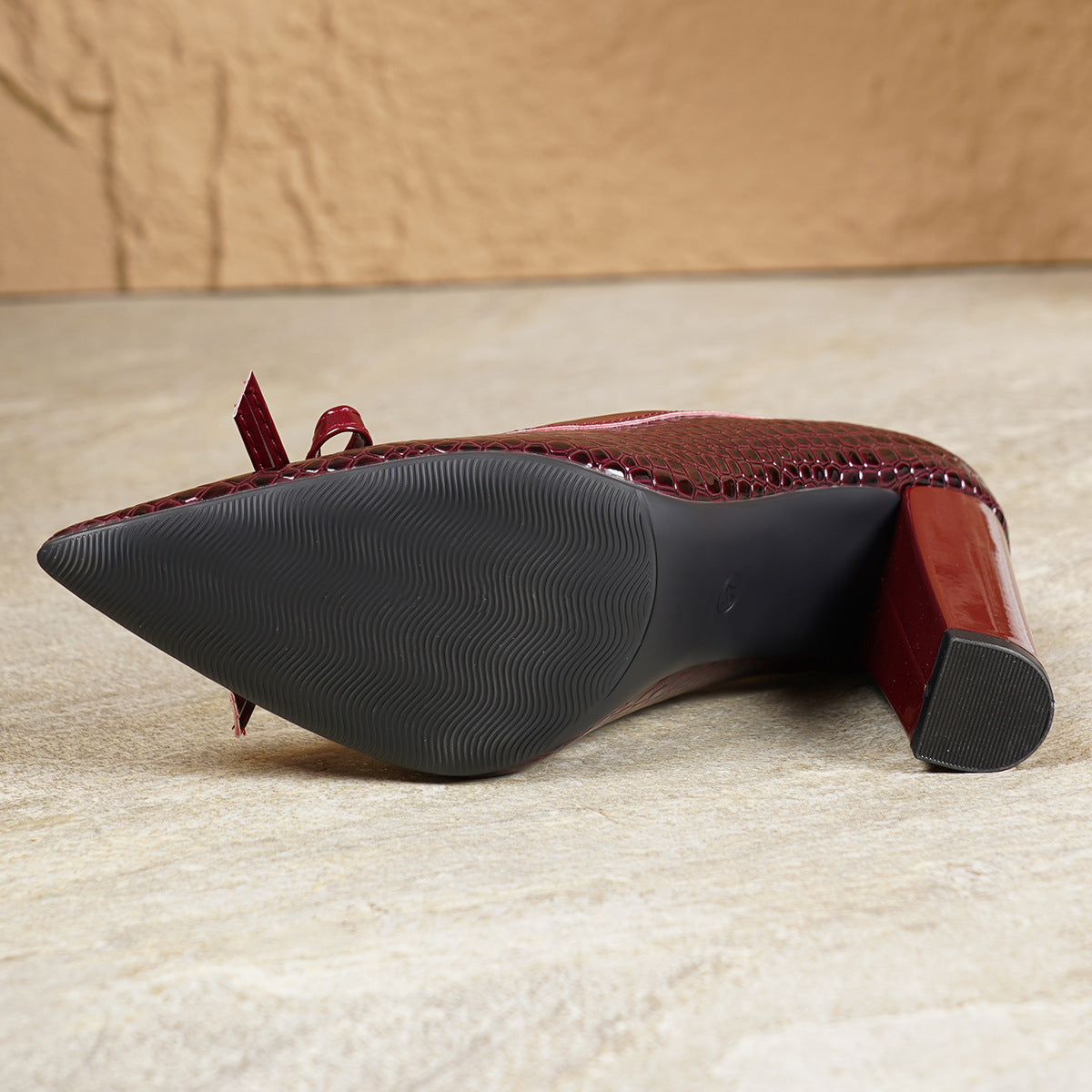 Burgundy Croc-Embossed Block Heel Pumps with Bow