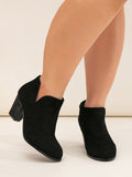 V-Cut Suede Block Heel Ankle Boots with Side Zip