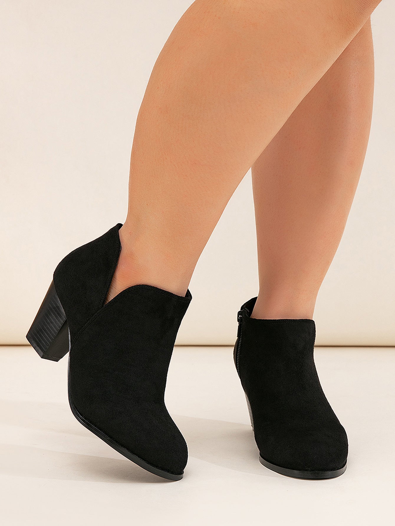 V-Cut Suede Block Heel Ankle Boots with Side Zip