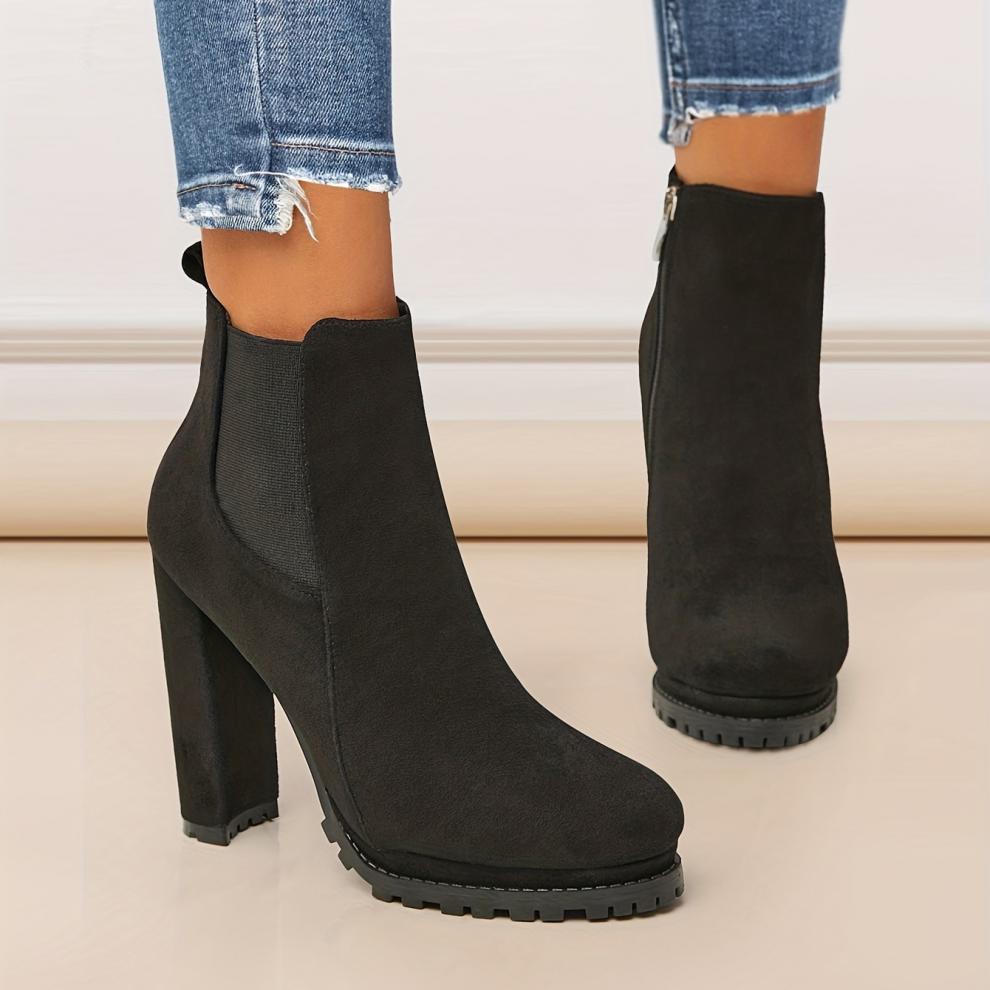 Tan Suede Chelsea Block Heel Ankle Boots with Lug Sole