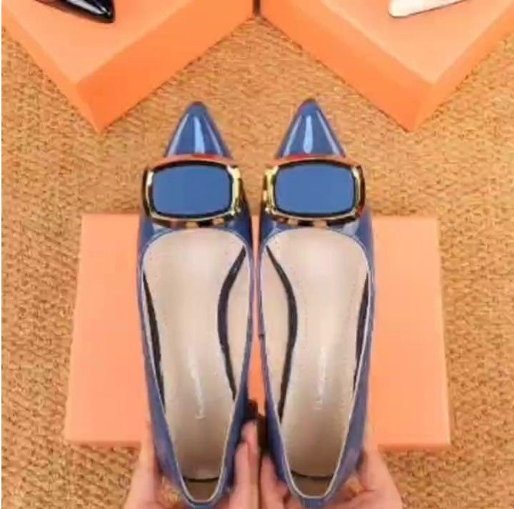 Gemstone Buckle Patent Block Heel Pumps