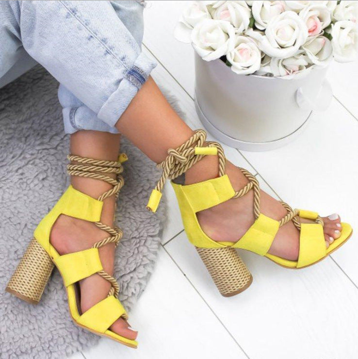 Rope Lace-Up Block Heel Sandals