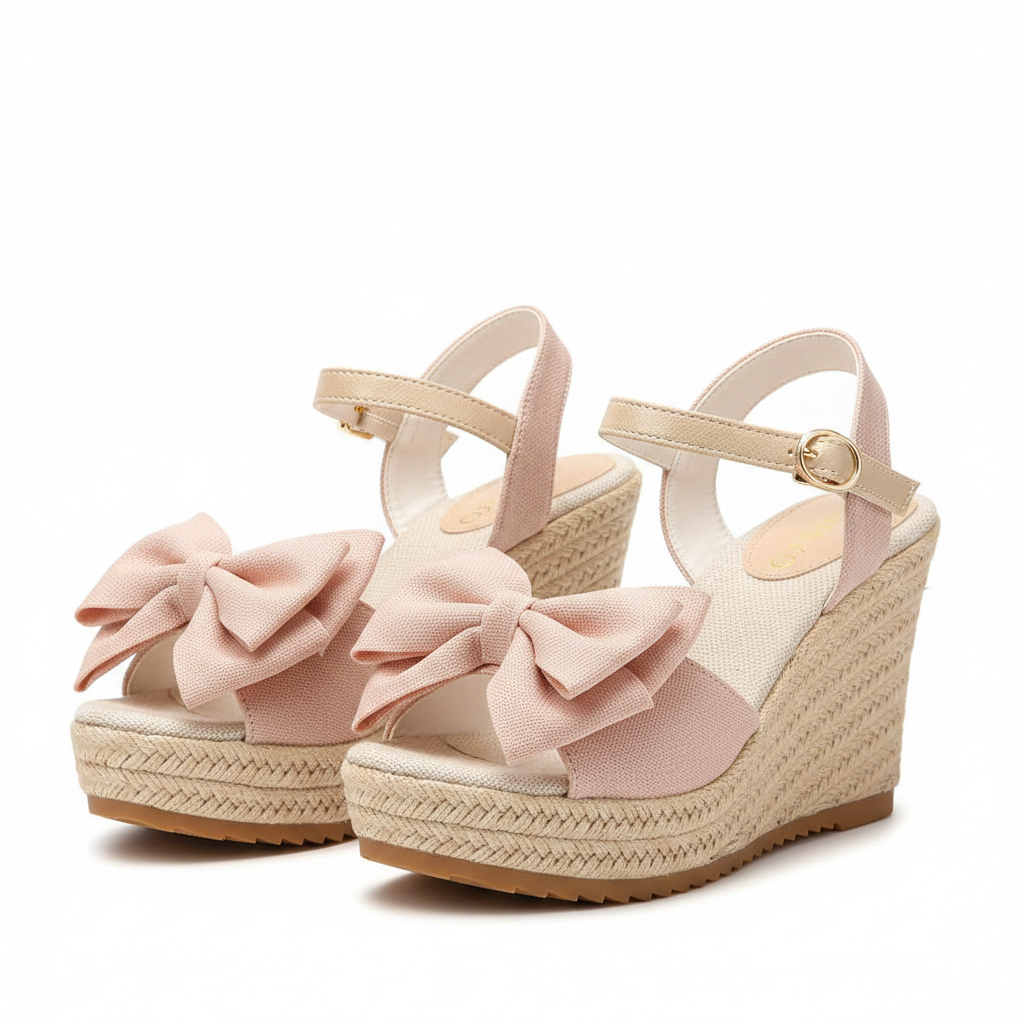 Beige nude bow wedge sandals