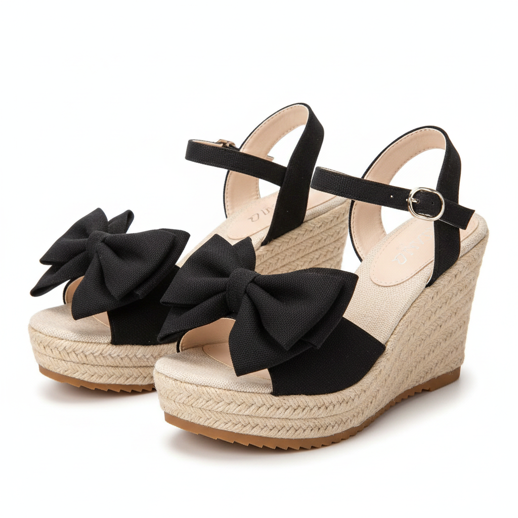 Black bow wedge sandals