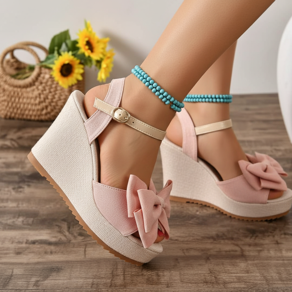 Close-up feet in pink bow wedge sandals on wooden deck