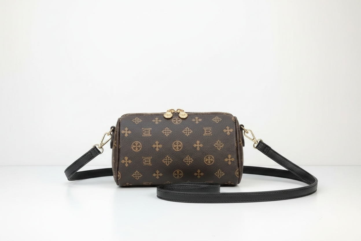 Brown monogram barrel crossbody bag front view