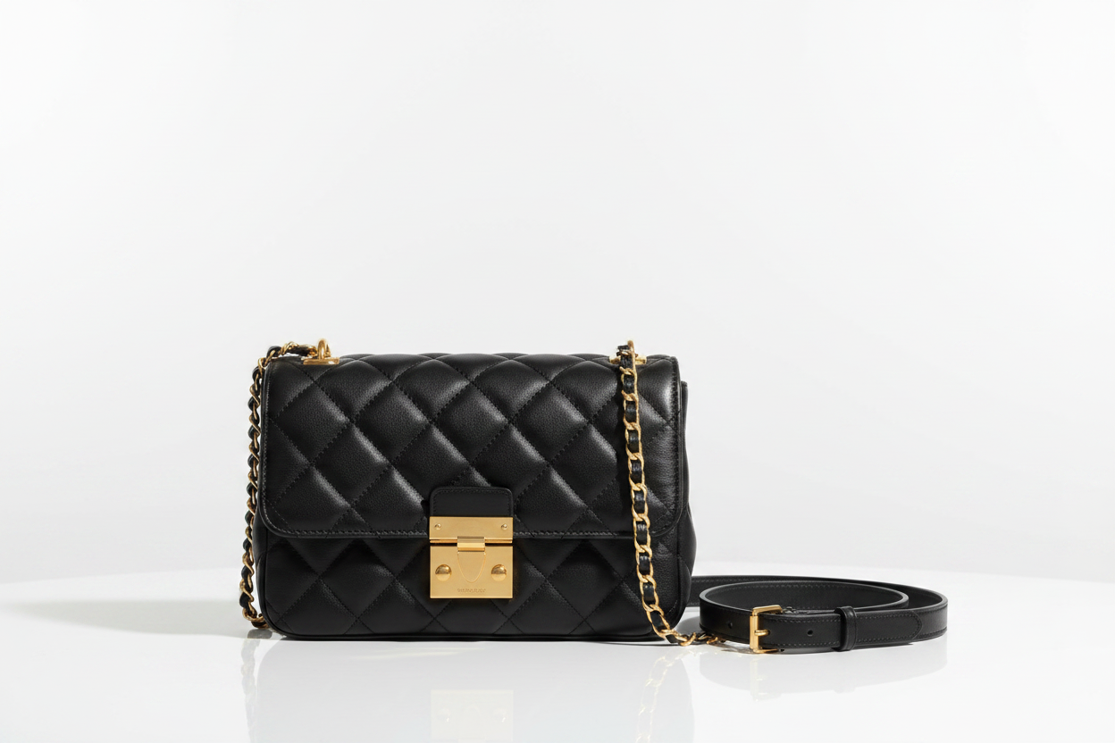 Black quilted leather crossbody bag with gold hardware on white surface