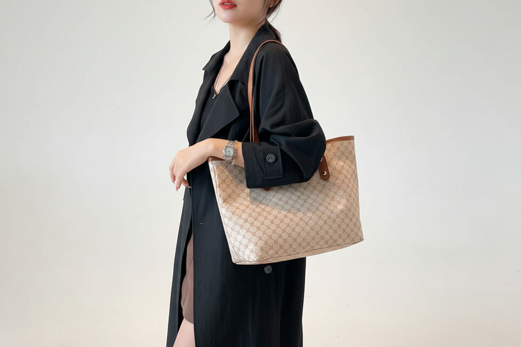 Woman in black coat carrying beige monogram tote bag