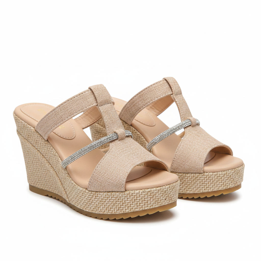 Nude beige rhinestone cross strap wedge mule sandals