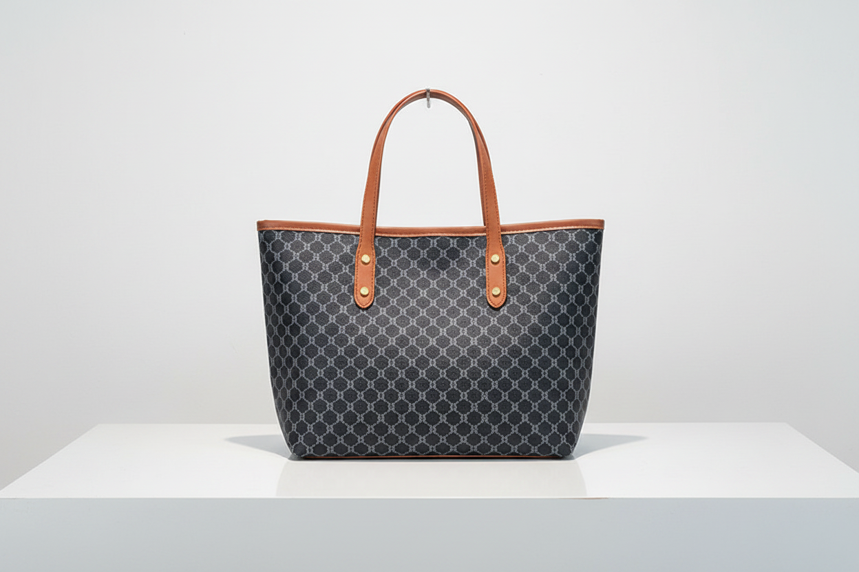 Navy blue monogram tote bag on white background