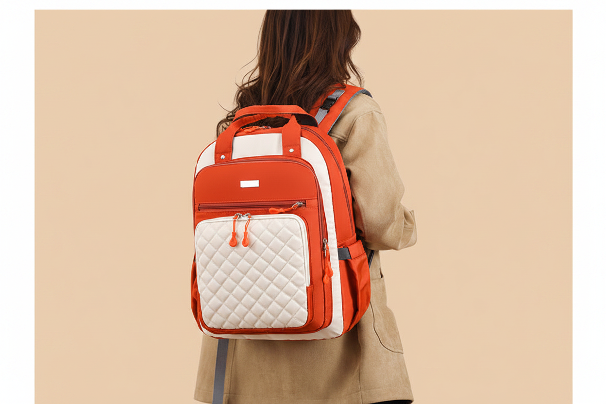 Woman wearing orange and cream quilted mummy backpack