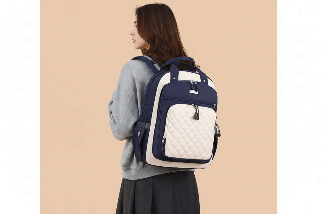 Woman wearing navy and cream quilted mummy backpack
