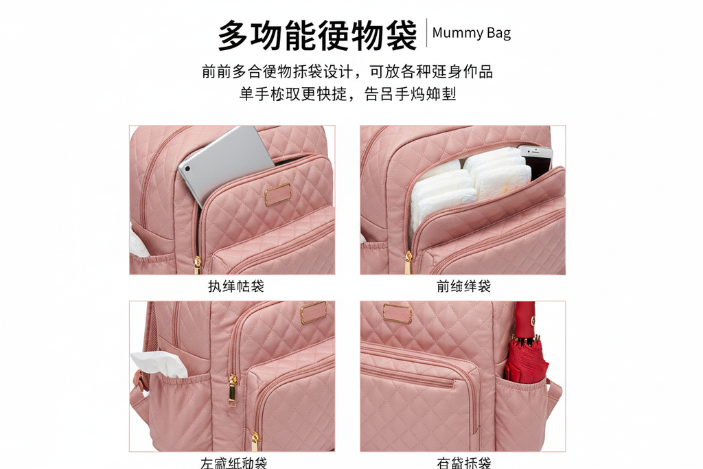 Pink quilted mummy backpack front view on white background