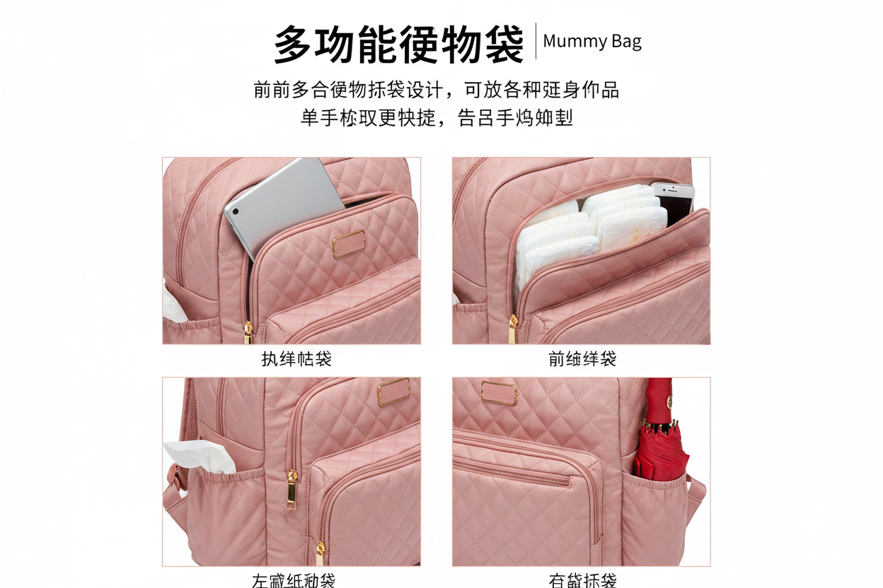 Pink quilted mummy backpack front view on white background