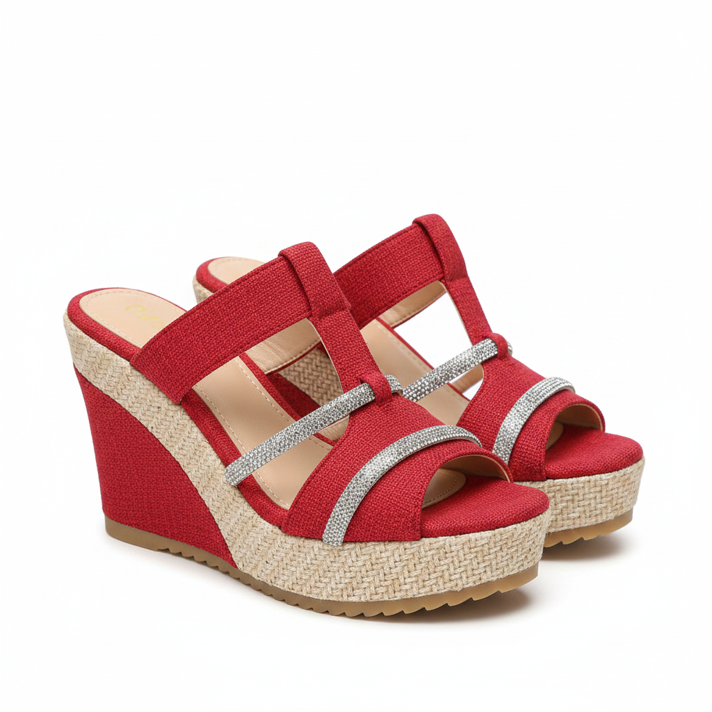 Red rhinestone cross strap wedge mule sandals