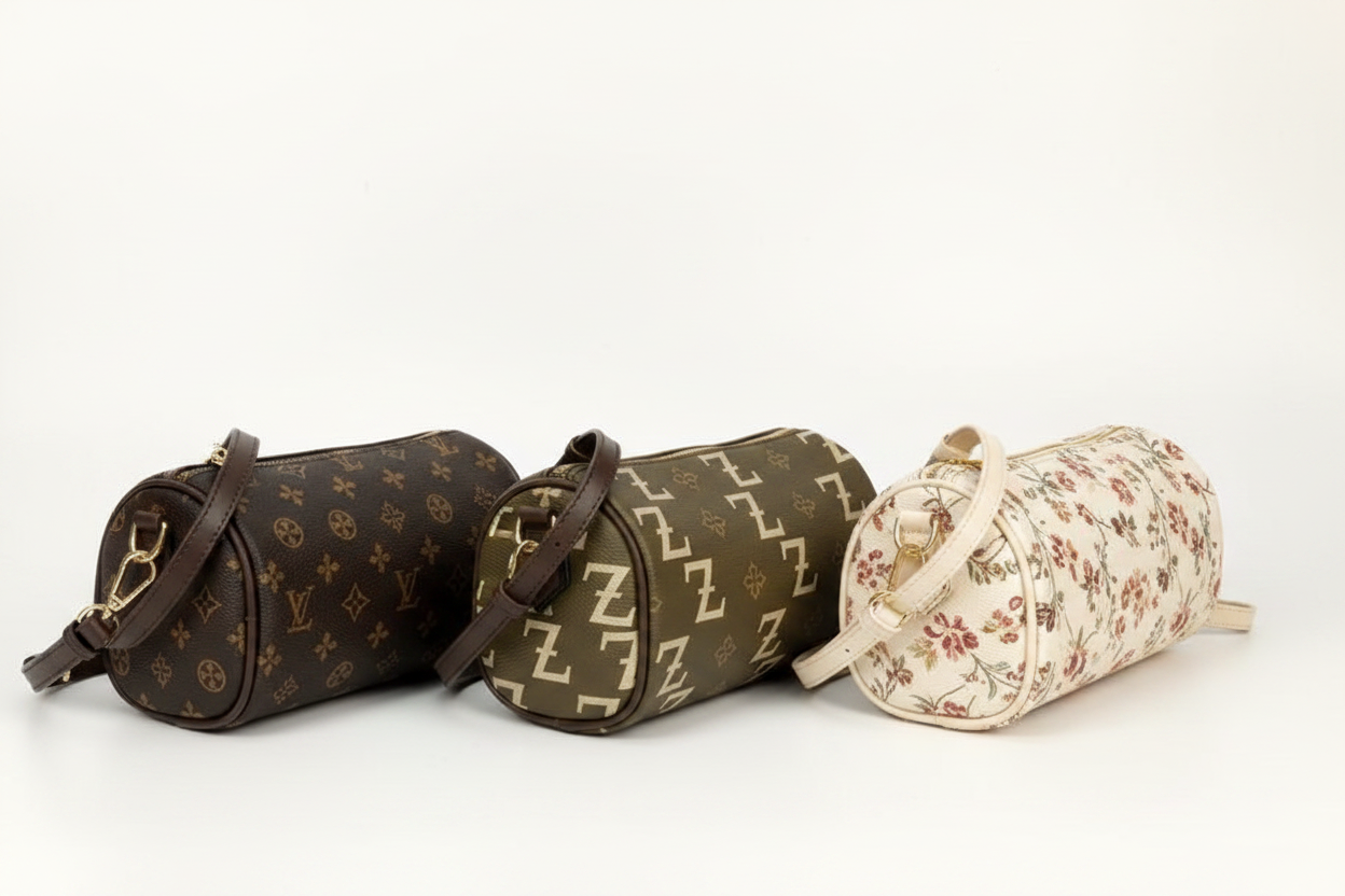 Three monogram crossbody bags in dark brown, olive and cream