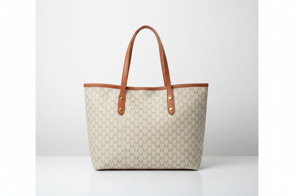 Khaki M-monogram tote bag on white background