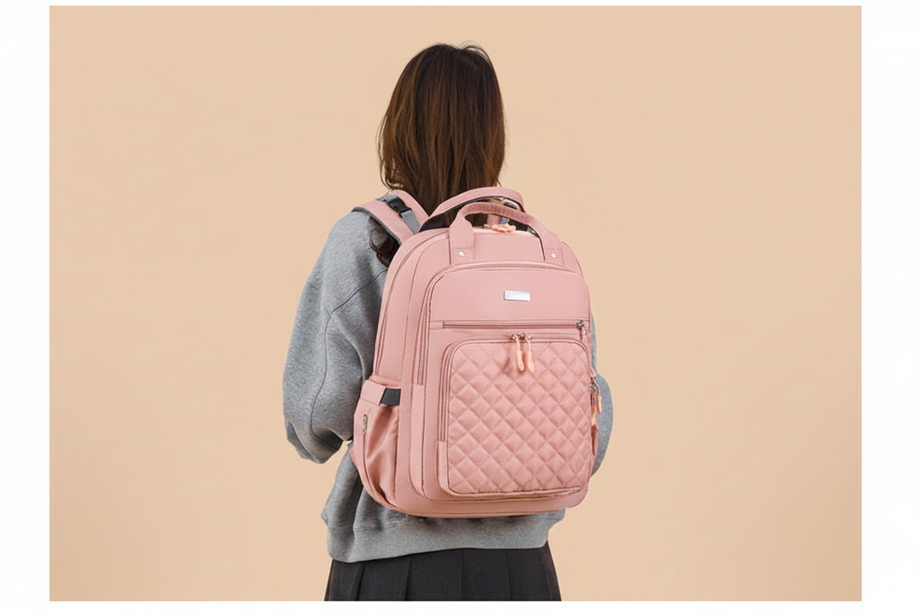 Woman wearing pink quilted mummy backpack back view