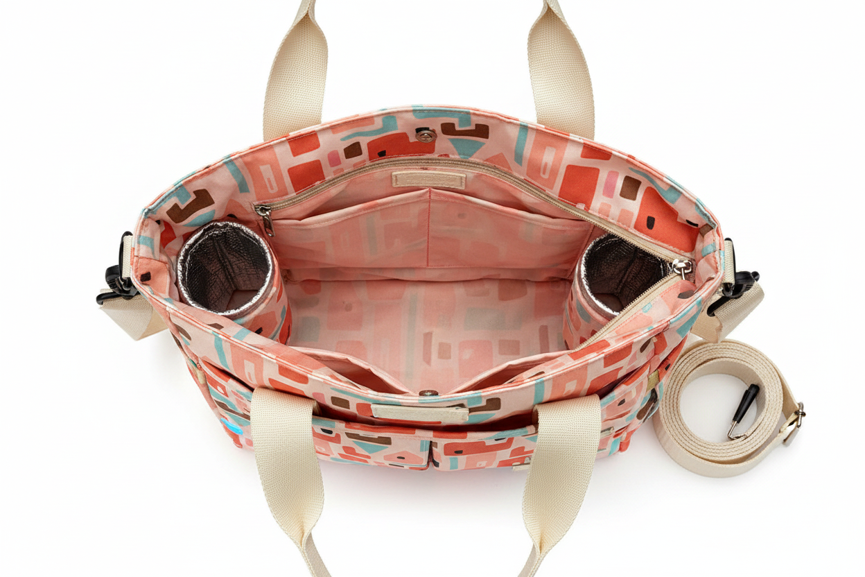 Interior of Oxford mummy tote bag showing insulated bottle holders and pockets