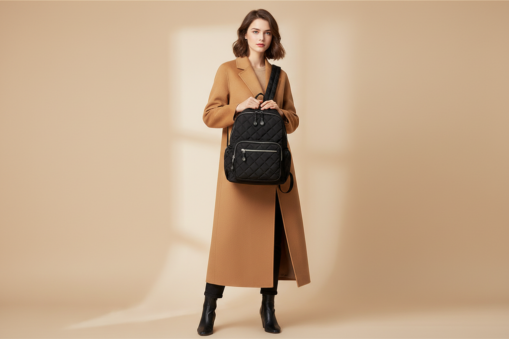 Woman in camel coat carrying black quilted mummy backpack