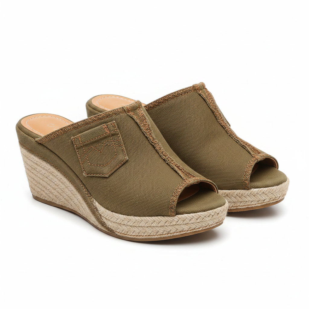 Khaki brown wedge mule sandals