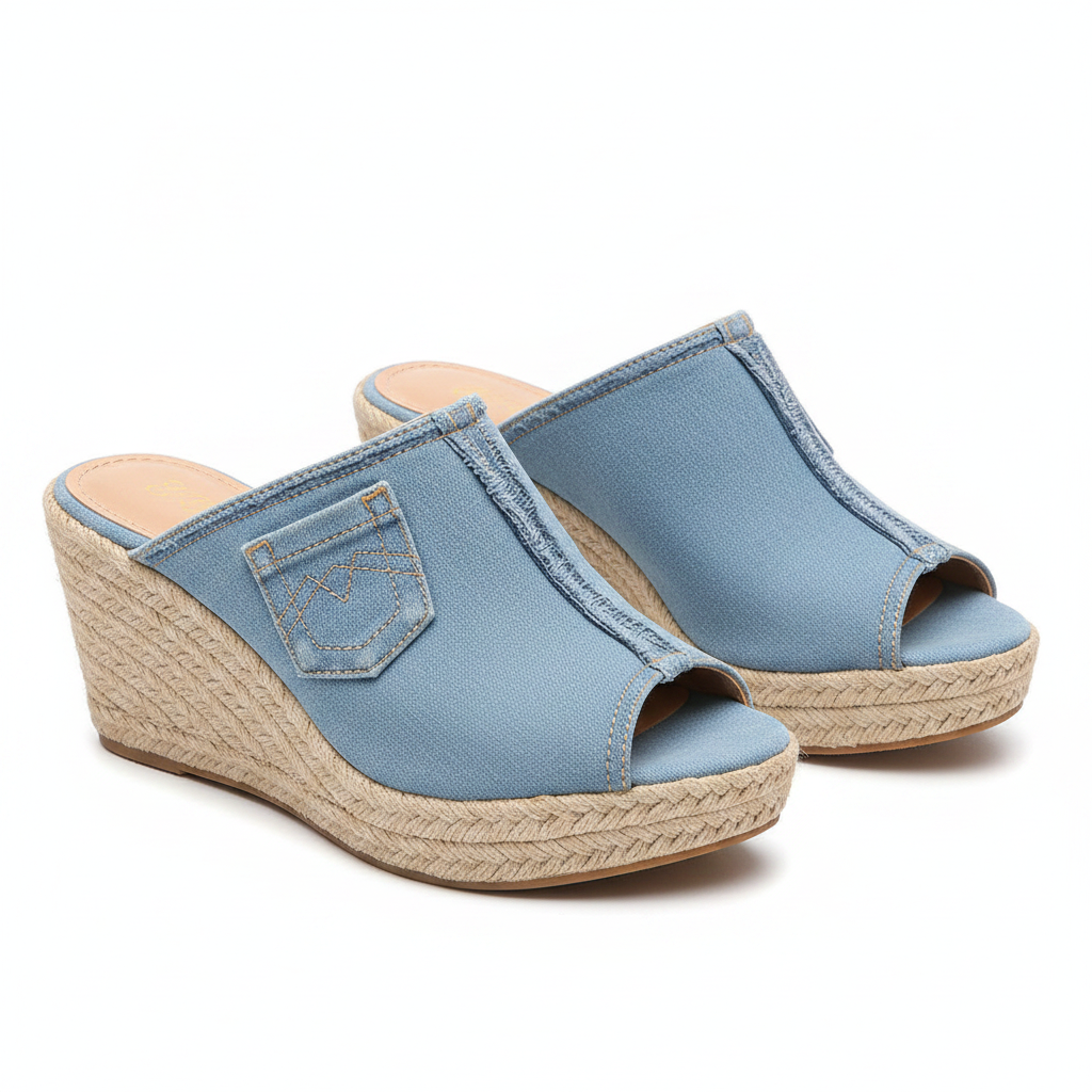 Light blue denim wedge mule sandals