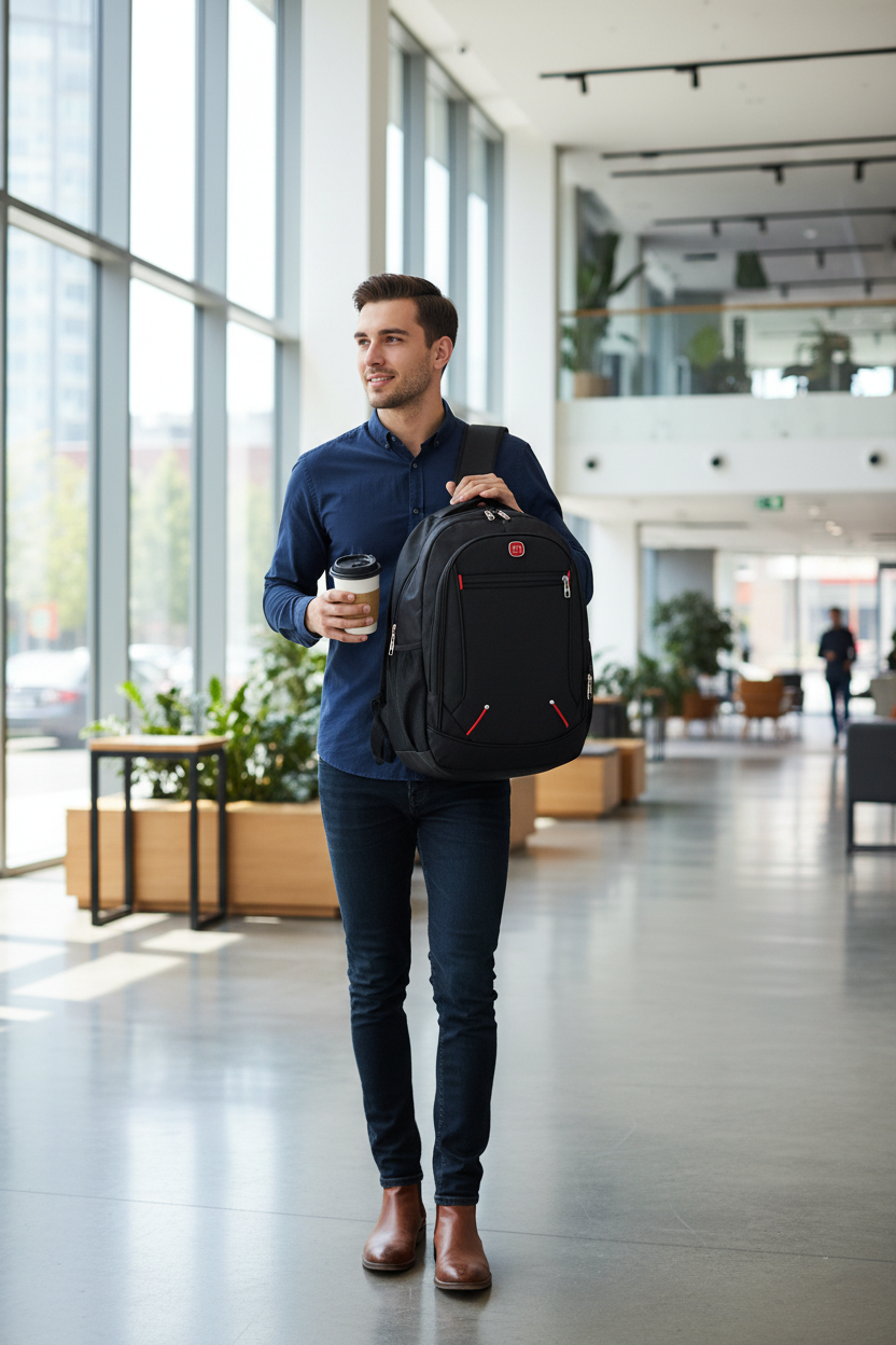 Male professional with black tech backpack in office lobby