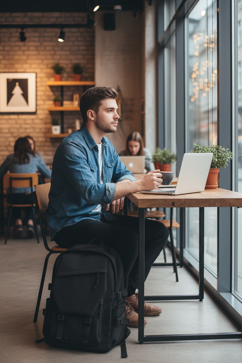 Male student at coffee shop with black utility backpack
