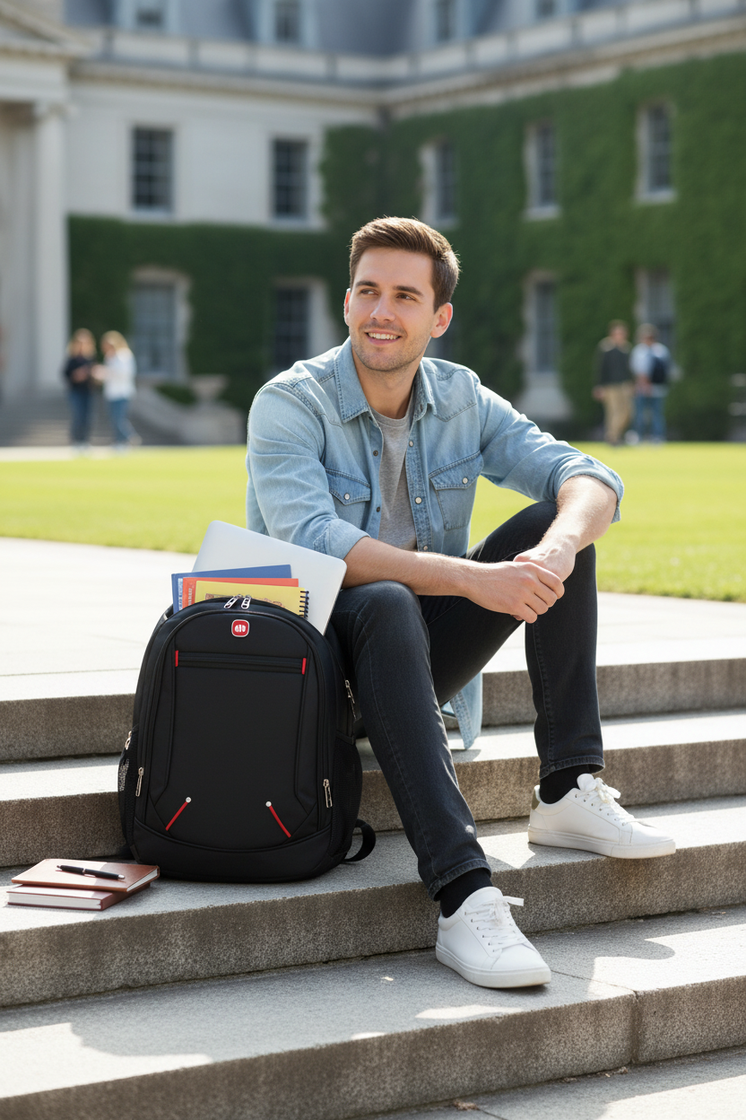 Male student on campus with black tech backpack