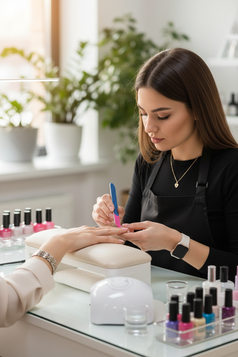 Nail technician using nail file at salon