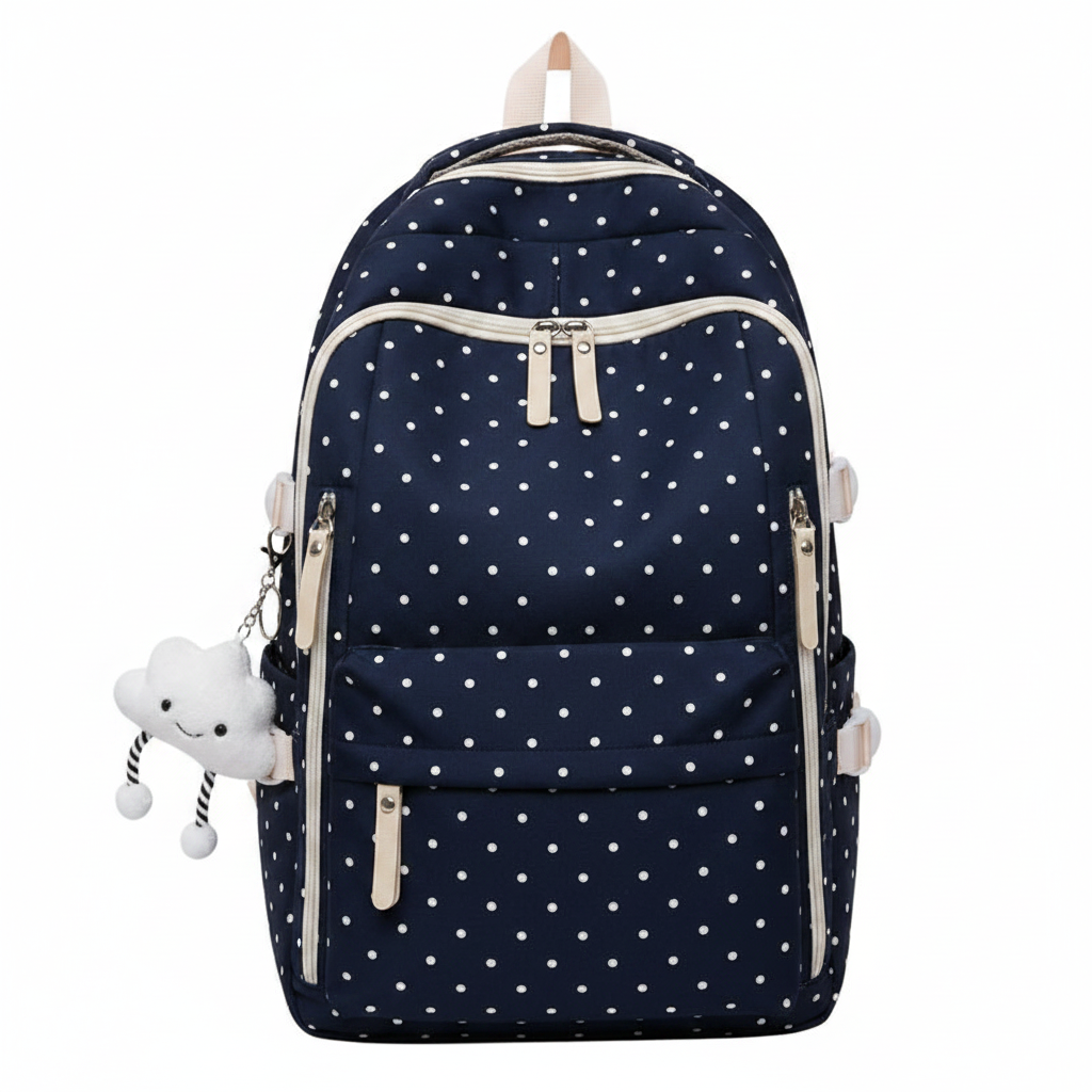 Navy blue polka dot backpack
